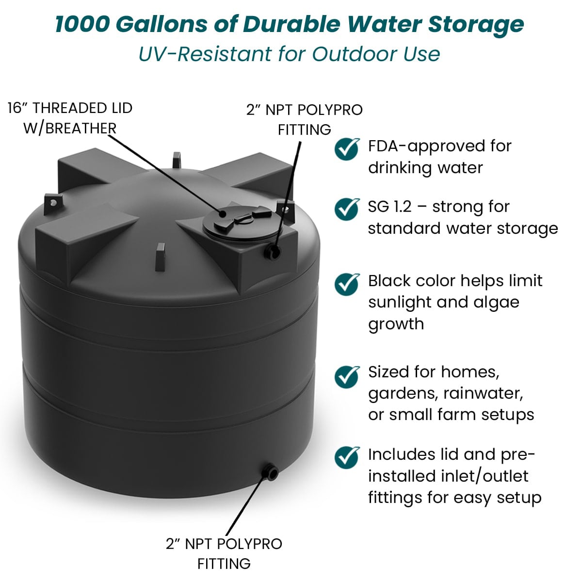 1000 Gallon Vertical Water Storage Tank - Black