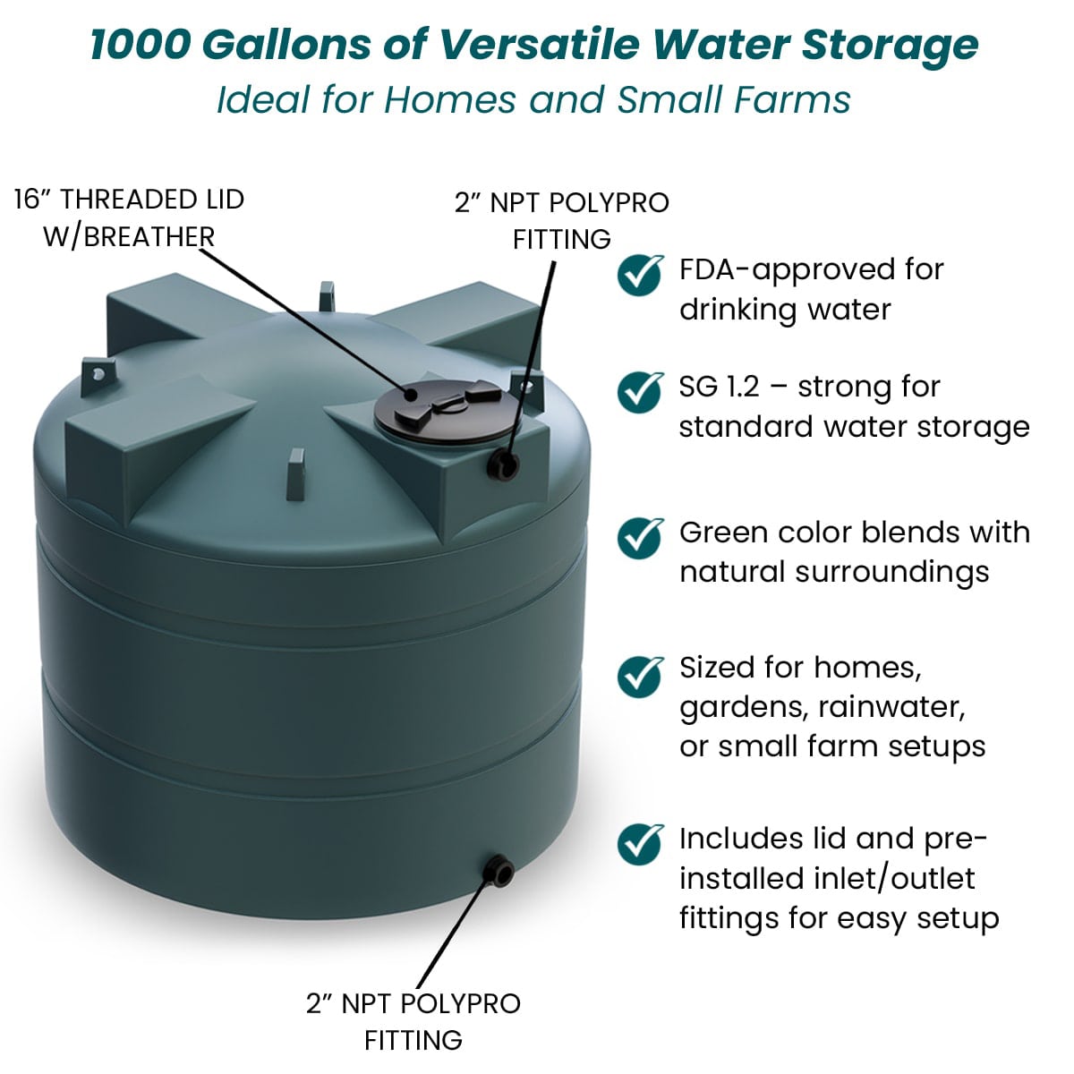 1000 Gallon Vertical Water Storage Tank - Green