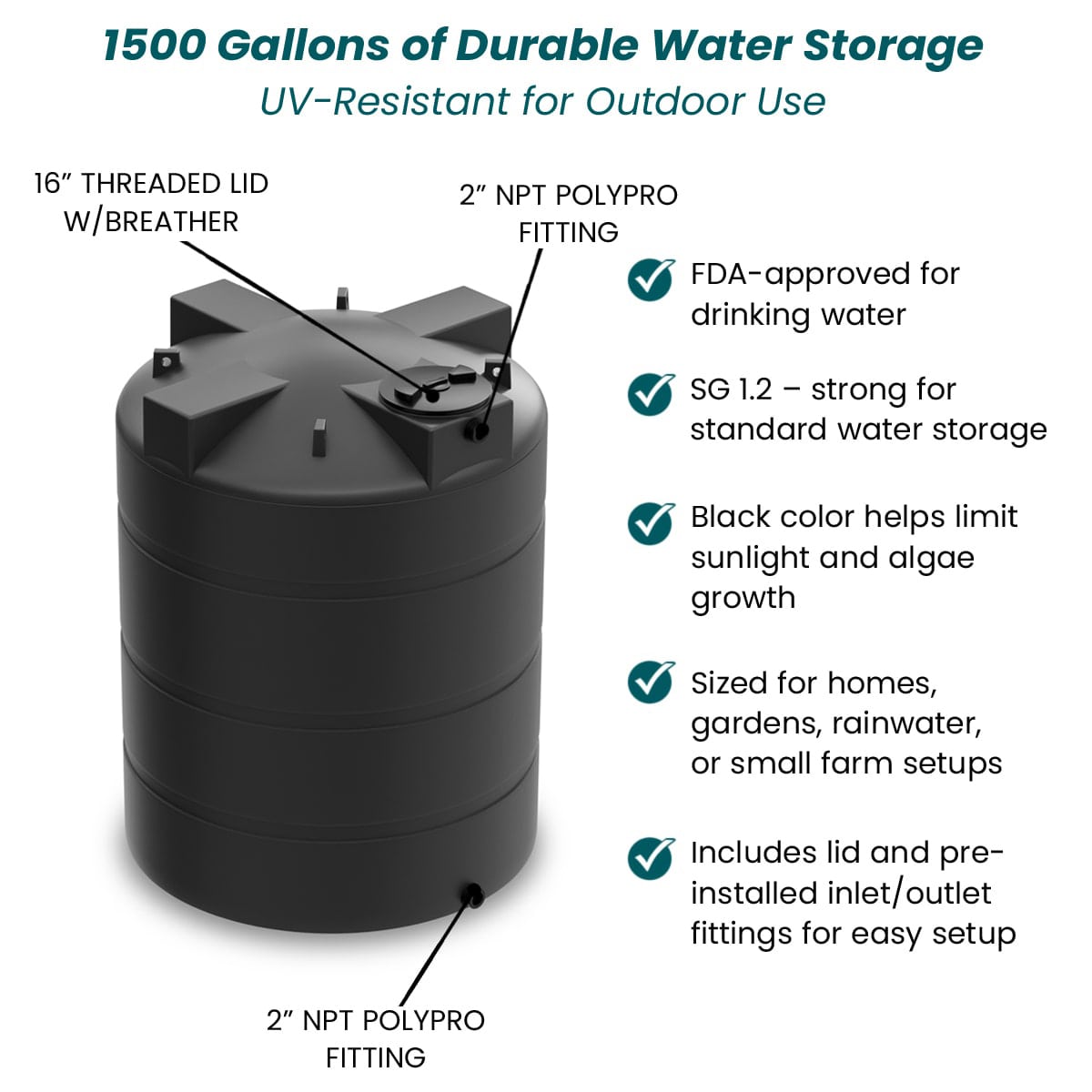 1500 Gallon Vertical Water Storage Tank - Black