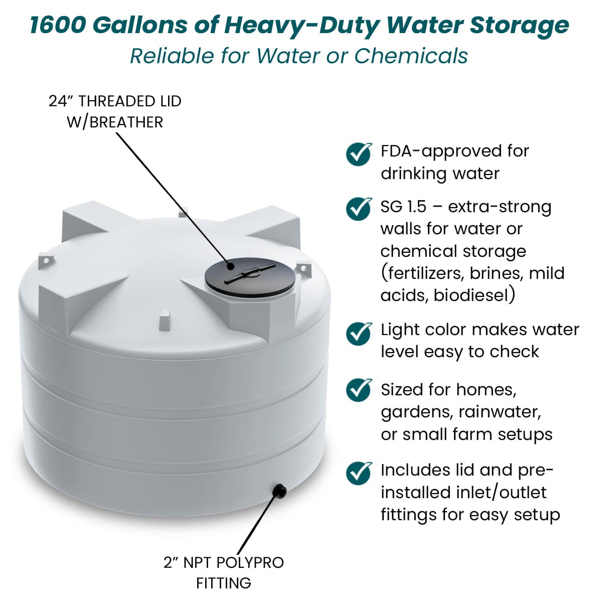 1600 Gallon Vertical Heavy-Duty Liquid Storage Tank - White