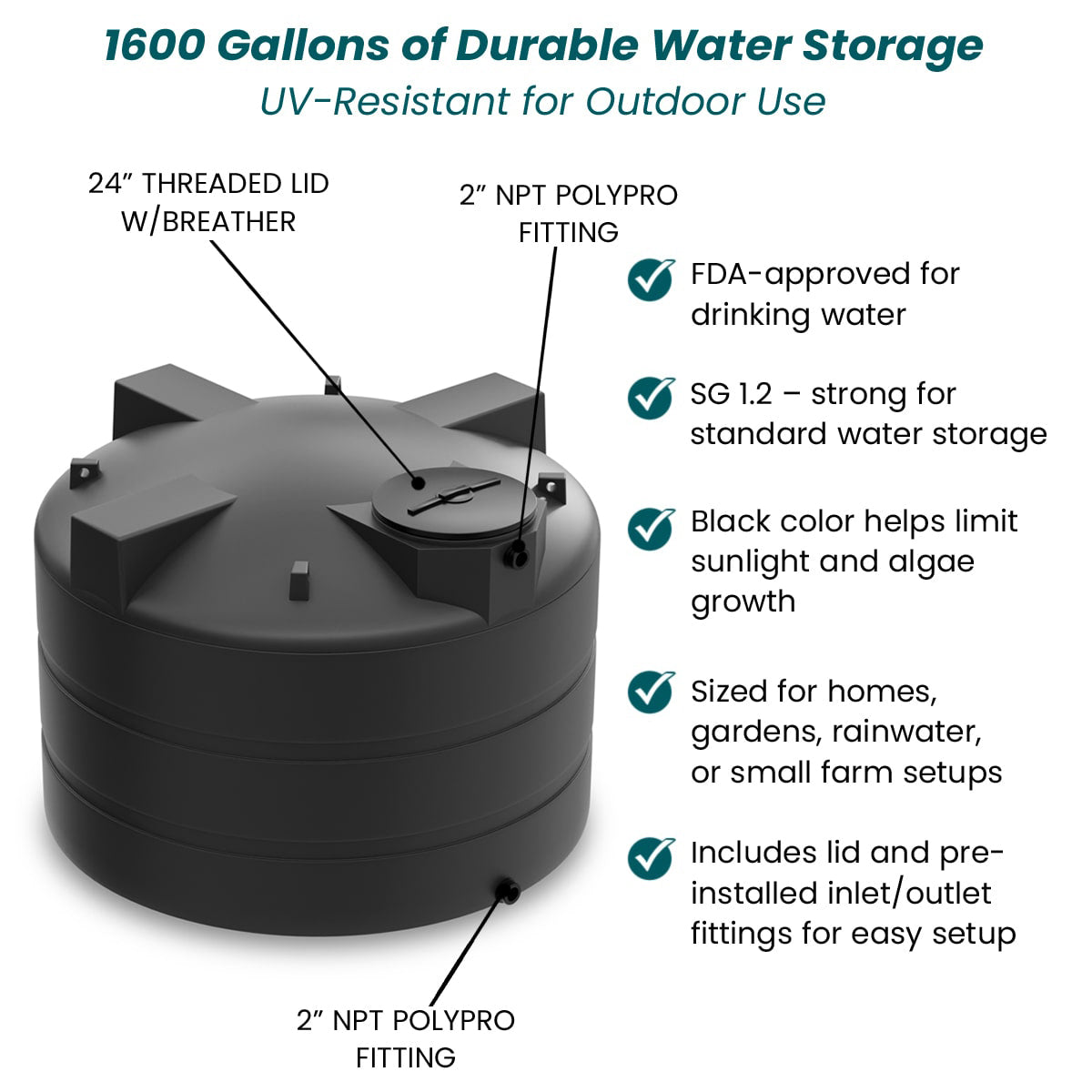 1600 Gallon Vertical Water Storage Tank - Black