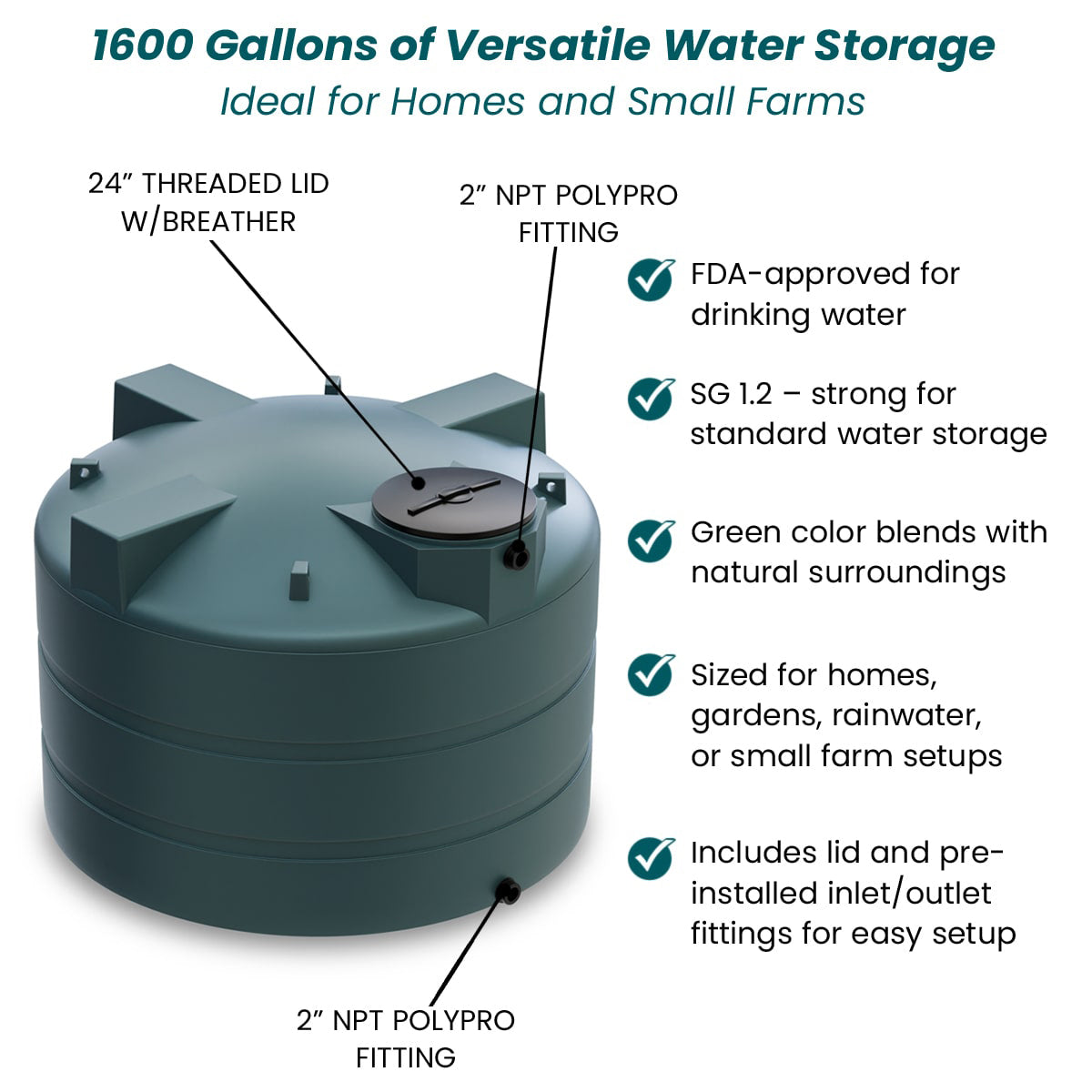 1600 Gallon Vertical Water Storage Tank - Green