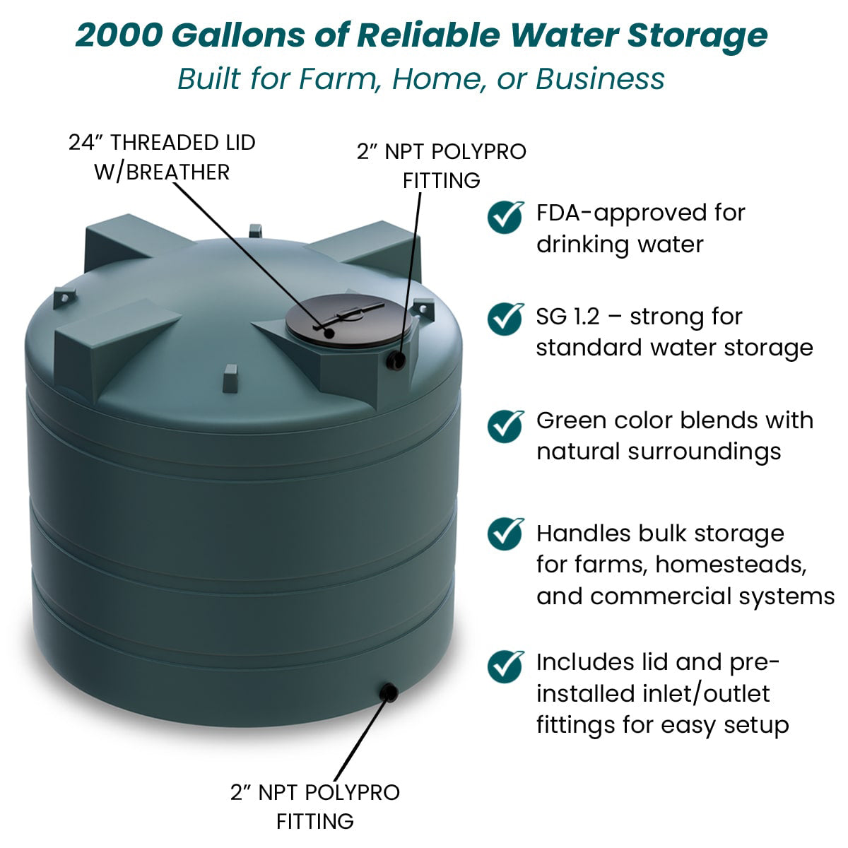 2000 Gallon Vertical Water Storage Tank - Green