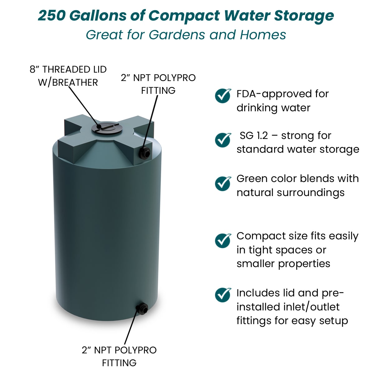 250 Gallon Vertical Water Storage Tank - Green