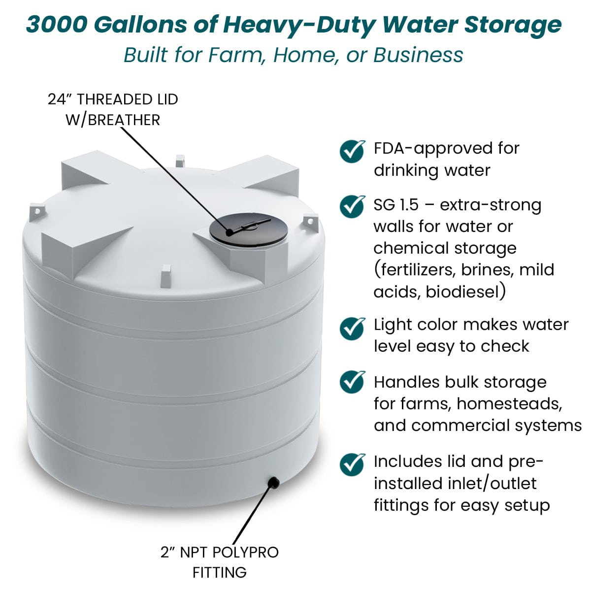 3000 Gallon Vertical Heavy-Duty Water Storage Tank - White