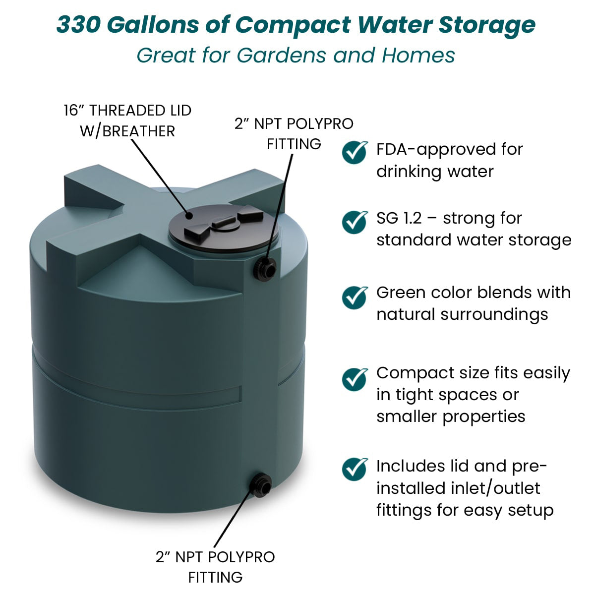 330 Gallon Water Vertical Storage Tank - Green