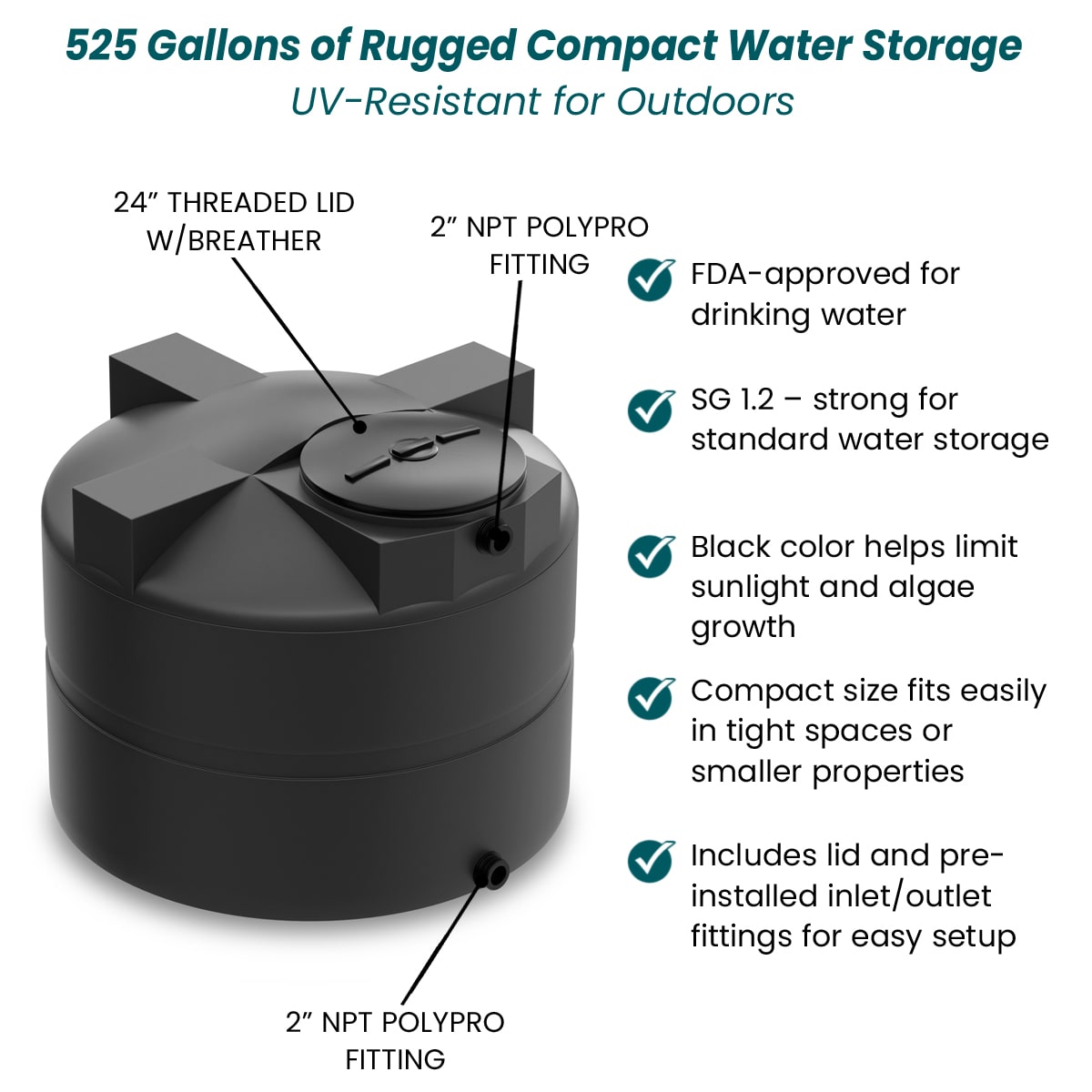 525 Gallon Vertical Water Storage Tank - Black