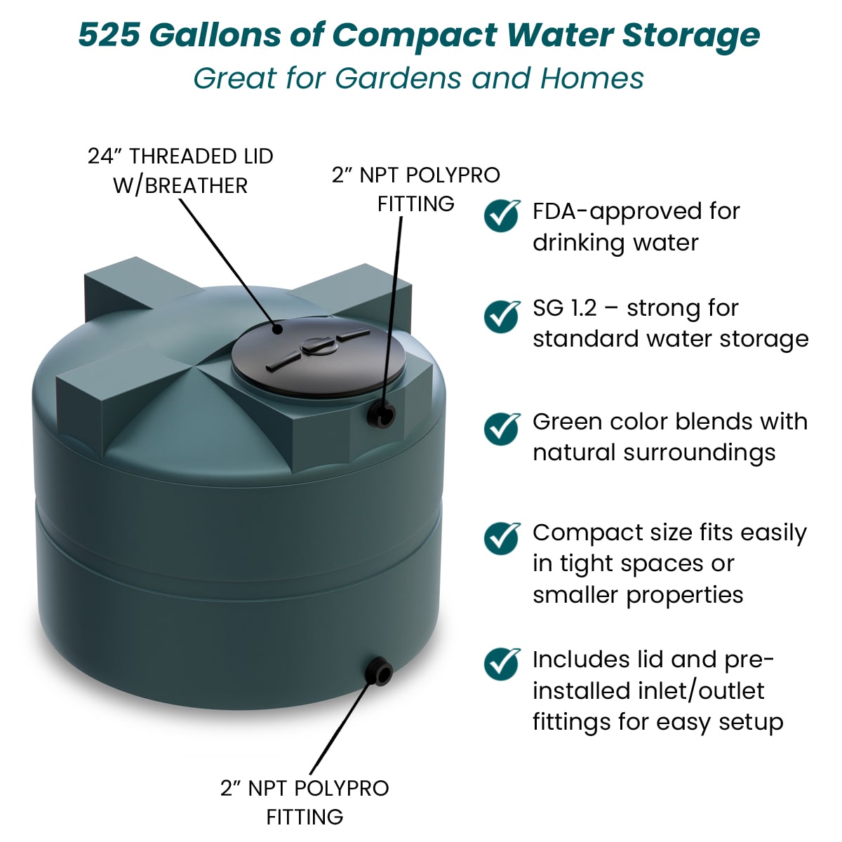 525 Gallon Vertical Water Storage Tank - Green