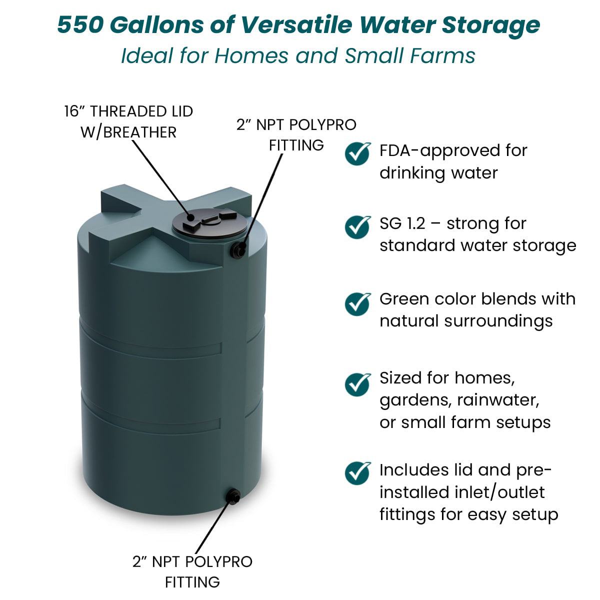 550 Gallon Vertical Water Storage Tank - Green