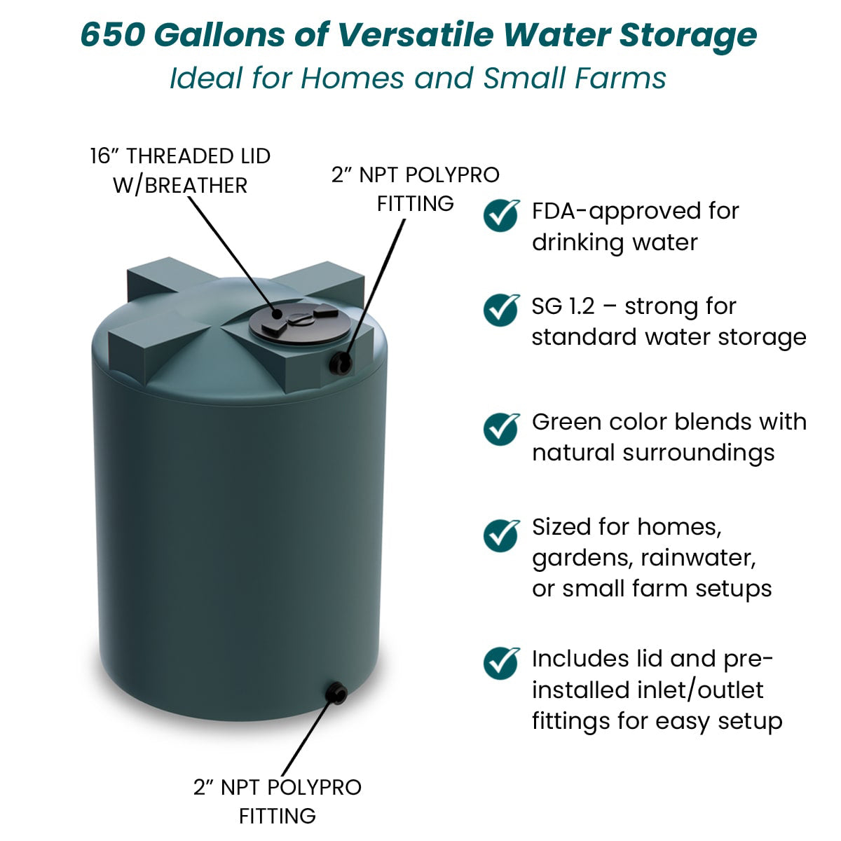 650 Gallon Vertical Water Storage Tank - Green