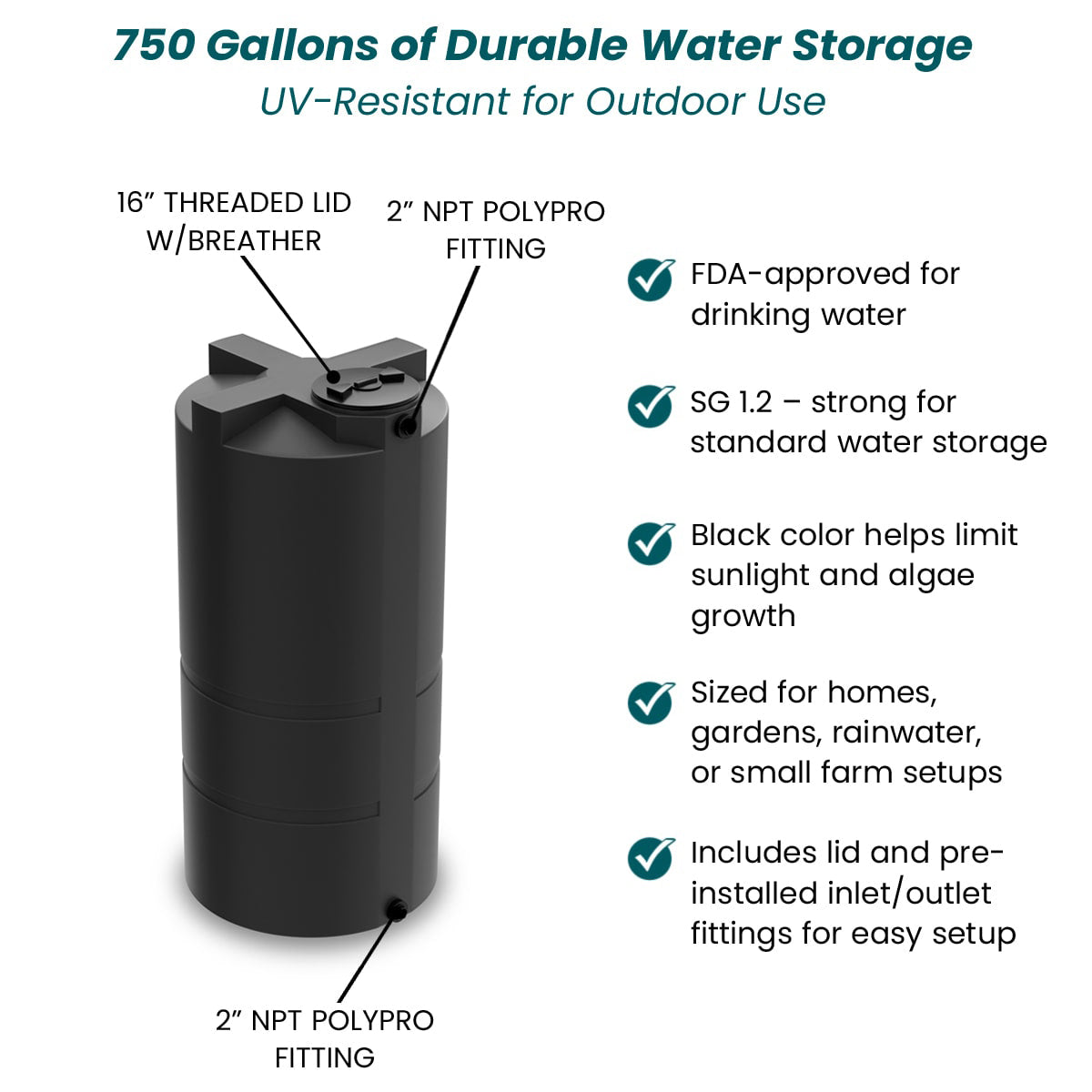 750 Gallon Vertical Water Storage Tank - Black