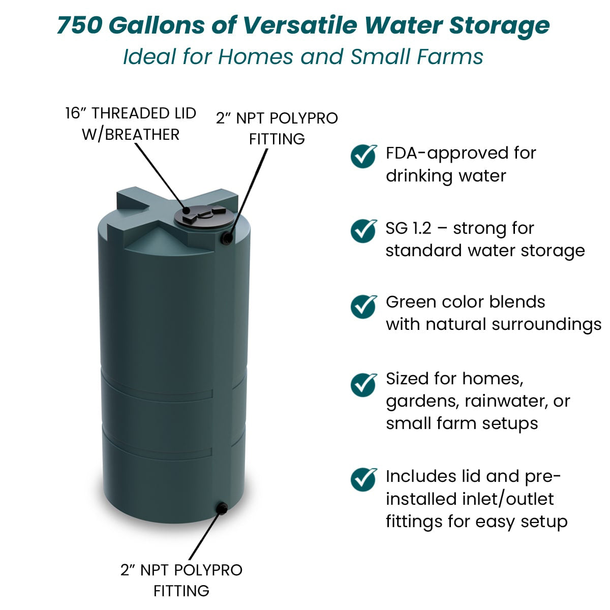 750 Gallon Vertical Water Storage Tank - Green