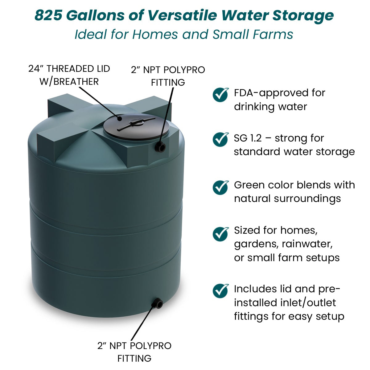 825 Gallon Vertical Water Storage Tank - Green