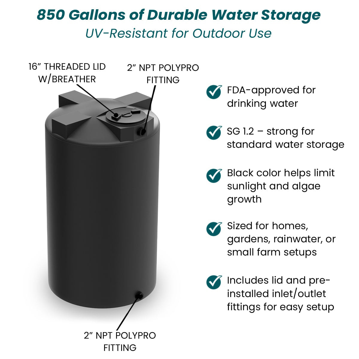 850 Gallon Vertical Water Storage Tank - Black