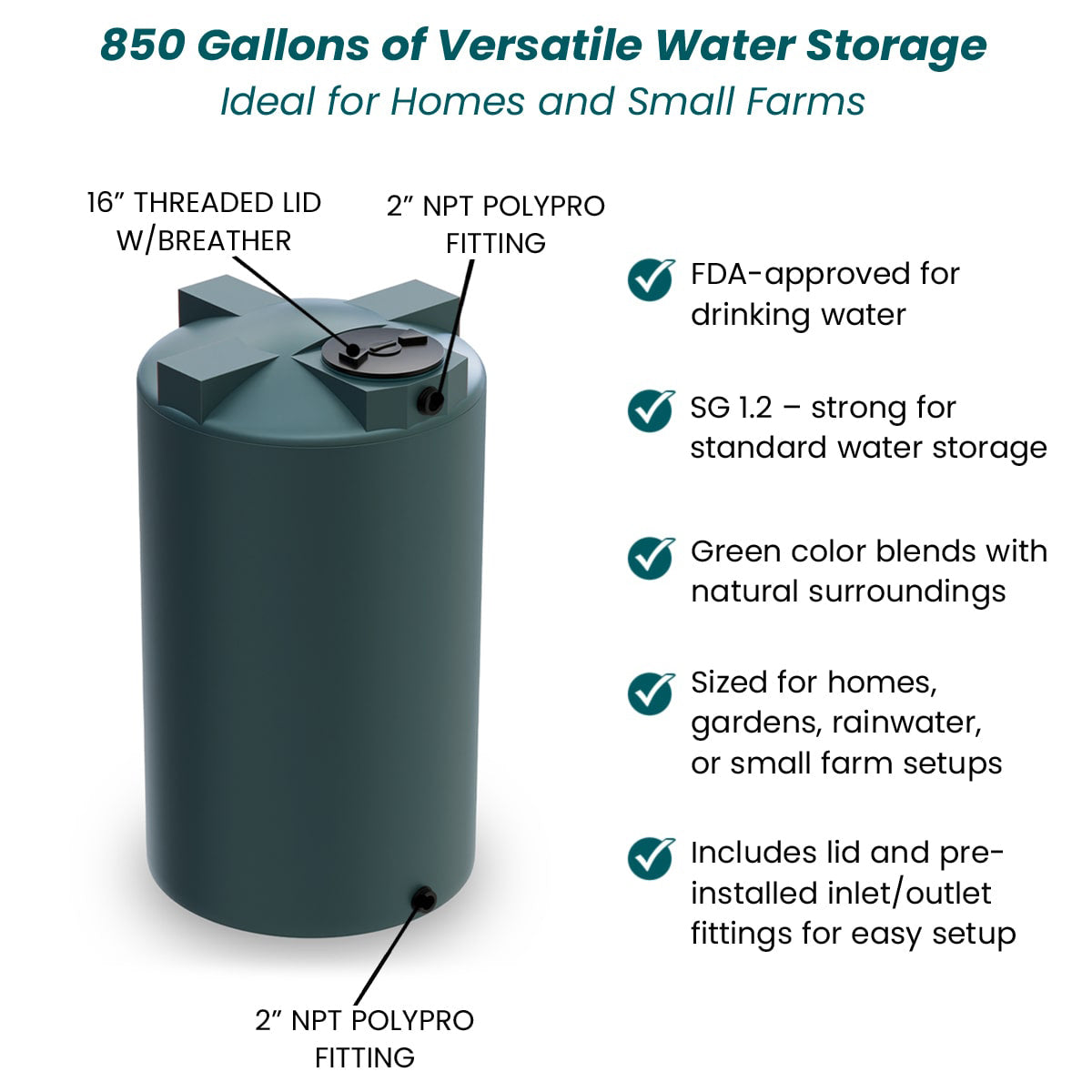 850 Gallon Vertical Water Storage Tank - Green